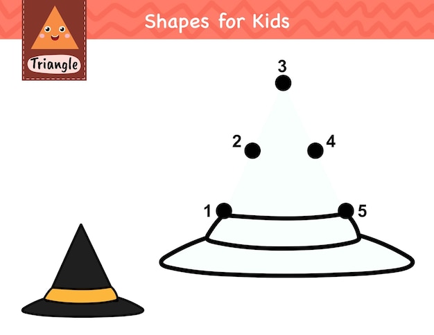 Dot to dot game for kids. Connect the dots and draw a witch hat. Learning triangle shape activity