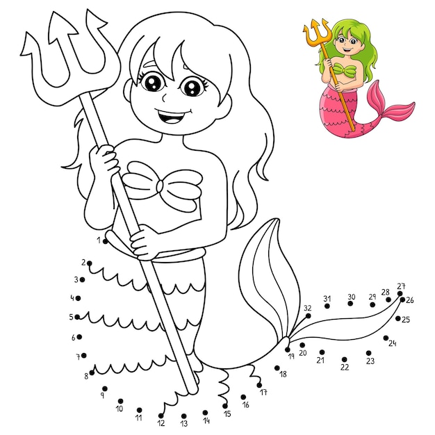 Dot to Dot Mermaid Holding Trident Coloring Page