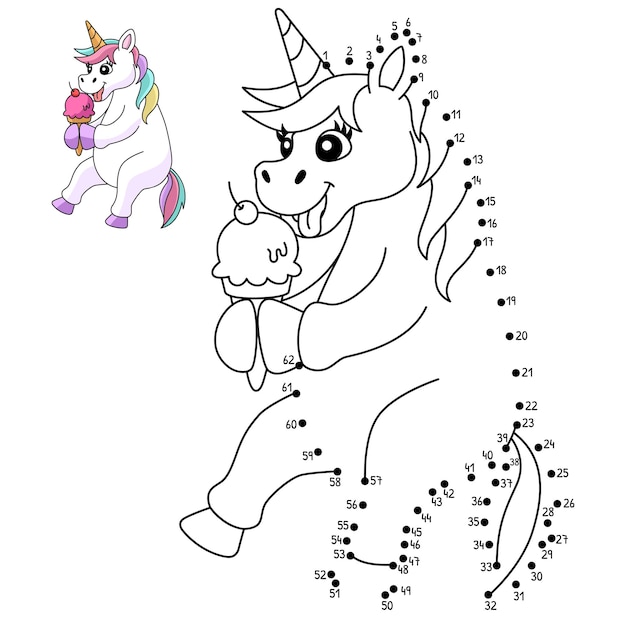 Dot to Dot Unicorn Eating Ice Cream Isolated