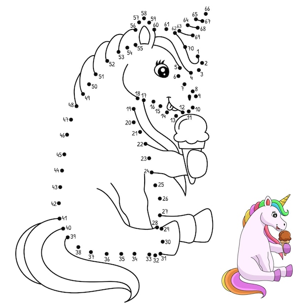 Dot to Dot Unicorn Eating Ice Cream Isolated