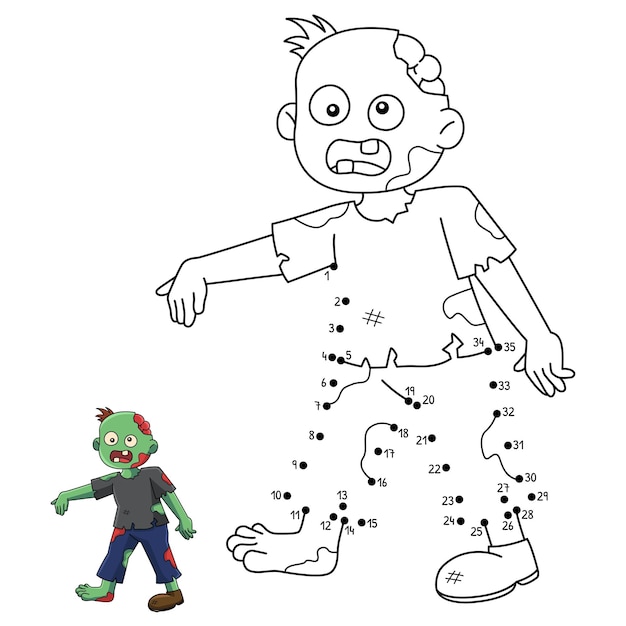 Dot to Dot Zombie Halloween Isolated Coloring Page