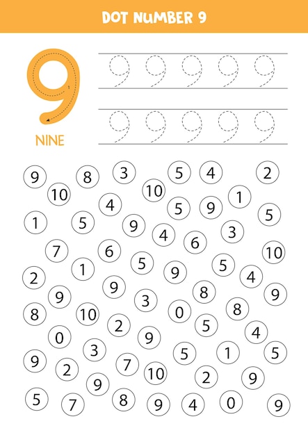 Dot numbers. Number nine. Educational math game for kids.