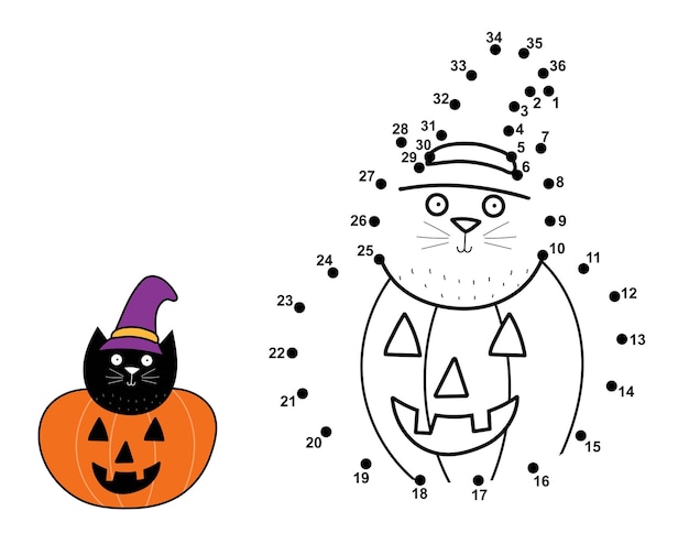 Точка за точкой игра для детей. соедините точки и нарисуйте кота в шапке на тыкве. пазл на хэллоуин