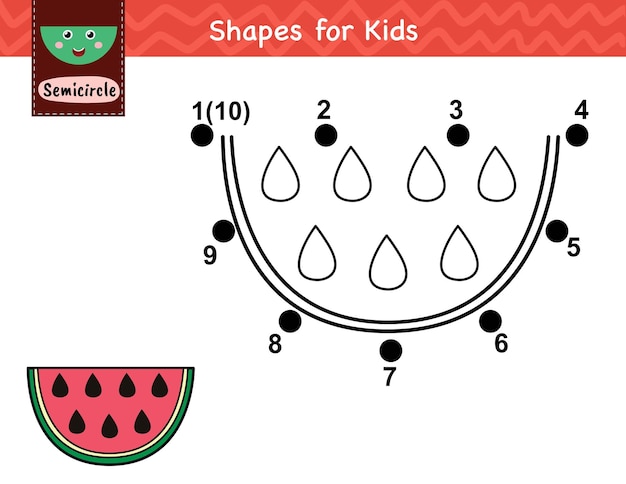 아이들을 위한 점 맞추기 게임. 점을 연결하고 수박 조각을 그립니다. 반원 모양 배우기