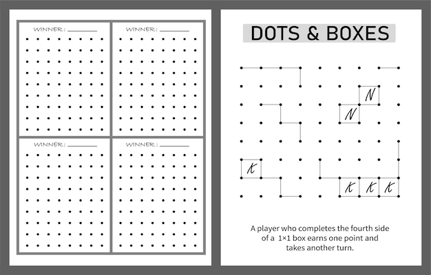 Dots and boxes note book game, kids activity notebook page, time pass kids game