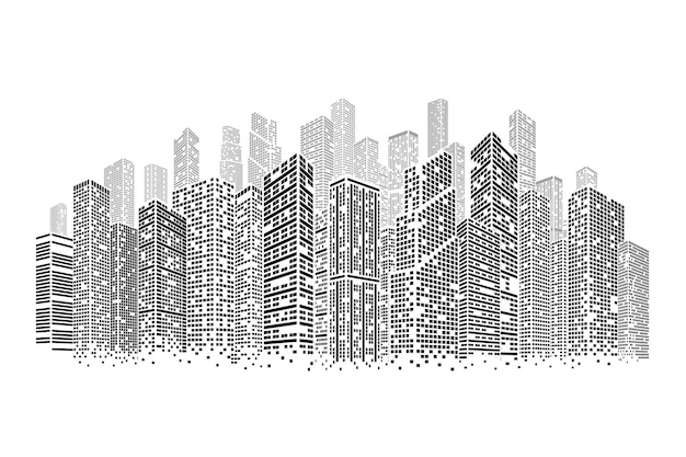 ドットの建物。孤立した建築都市、スカイラインの正方形の街並み。現代の建設、ビジネスタワーの最近のベクトルの概念。イラスト都市建設と建築、建築事務所