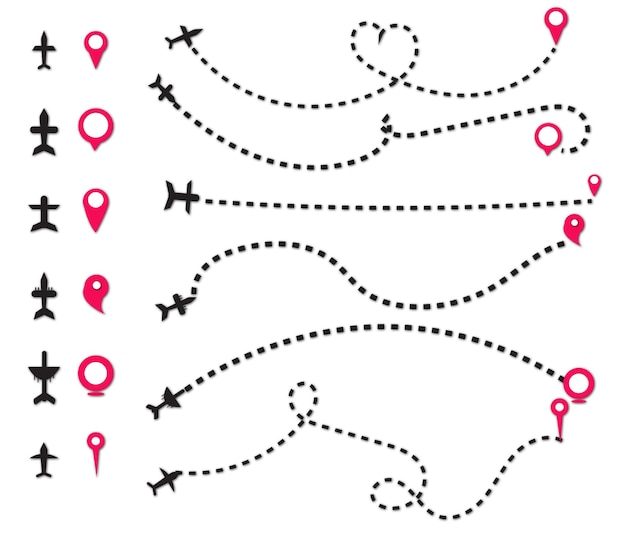 Dotted airplane trajectories cartoon illustration set path or way of plane