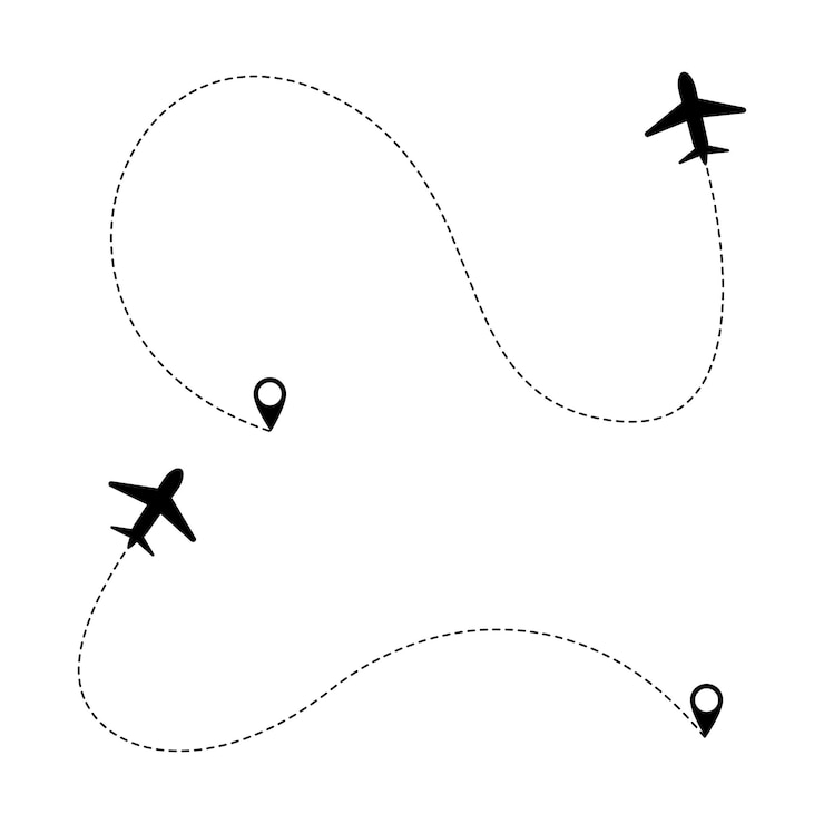 Vector 点線の飛行機の軌跡、飛行機の経路または経路、および軌跡のあるジェットの航空機