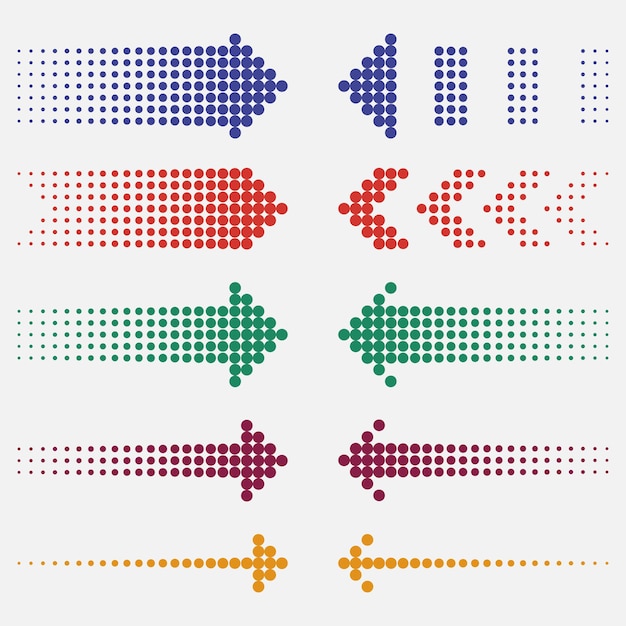 Dotted arrows. Dots pointers, colorful, halftone effect. Vector illustration.