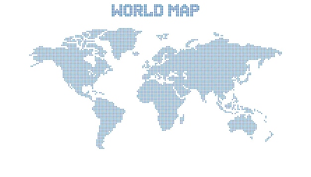Dotted blank blue world map isolated on white background. world map vector template for website, infographics, design. flat earth world map with round dots illustration.