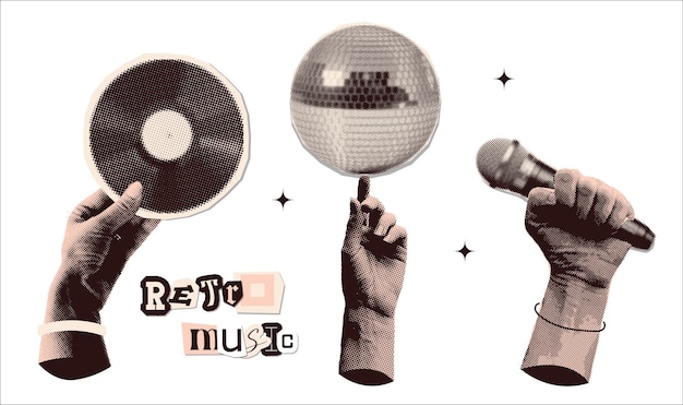Dotted collage set with hands holding vinyl disc disco ball and microphone torn out paper grunge