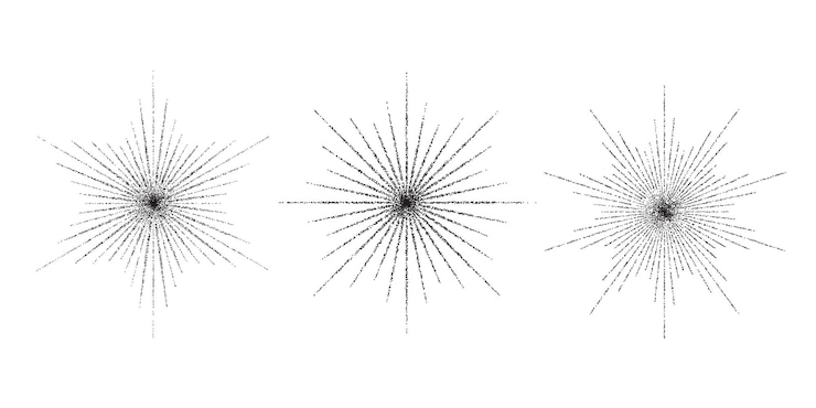 Vector dotted grain star with beams set. black stippled ray sparkle and flare collection.