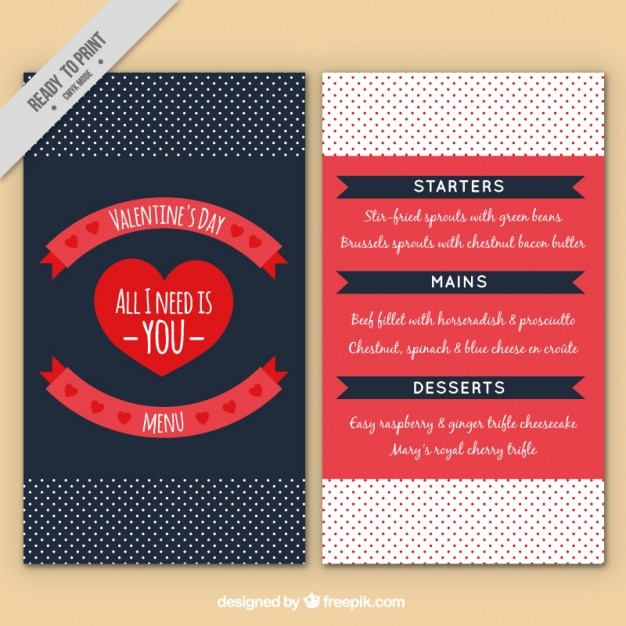 Dotted menu template for valentine's day