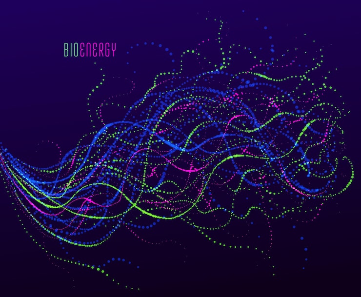 Vector dotted particle array flowing vector abstract background, life forms bio theme microscopic design, dynamic dots elements in motion.