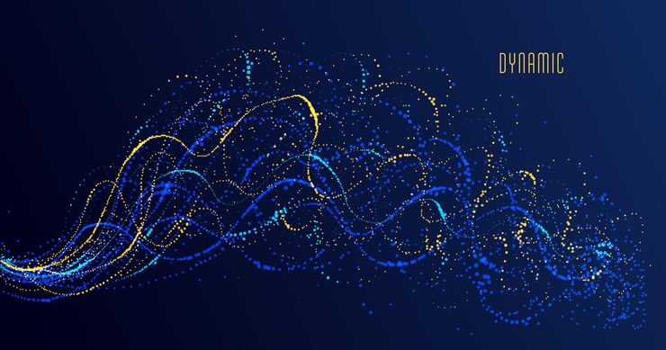 Vector dotted particle array flowing vector abstract background, life forms bio theme microscopic design, dynamic dots elements in motion.