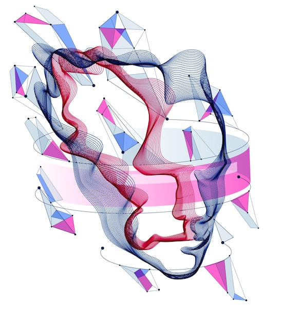 Vector dotted particles human portrait, abstract human head vector wave shapes array, artificial intelligence, pc programming software interface, digital soul.