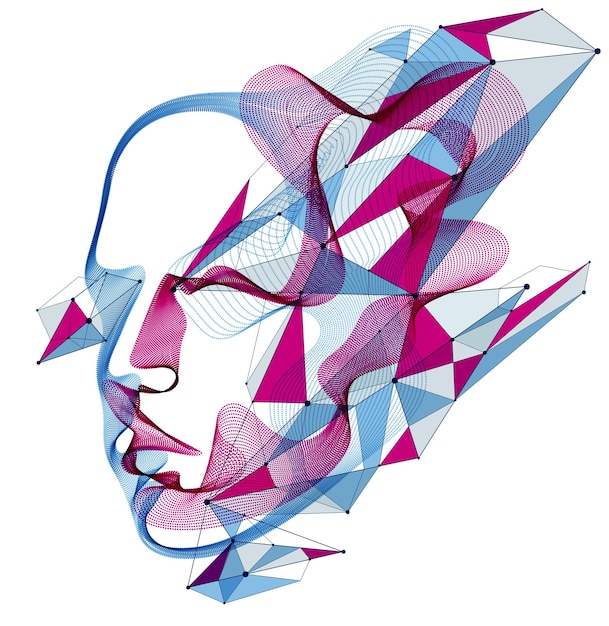 Dotted particles human portrait, abstract human head vector wave shapes array, artificial intelligence, pc programming software interface, digital soul.