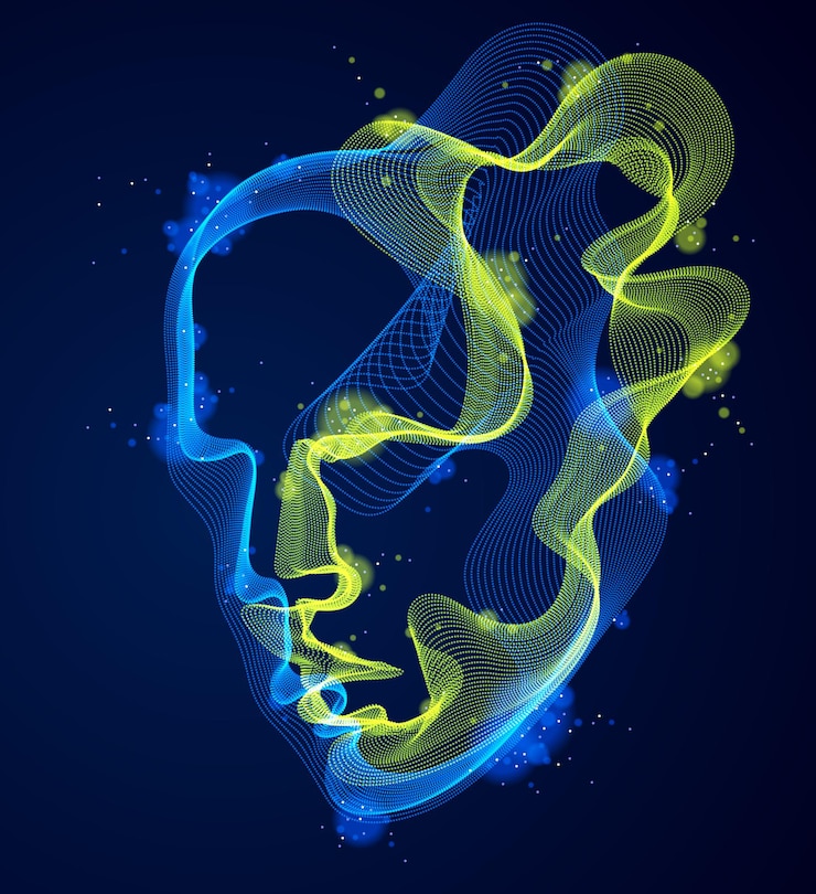 Vector dotted particles human portrait, abstract human head vector wave shapes array, artificial intelligence, pc programming software interface, digital soul.