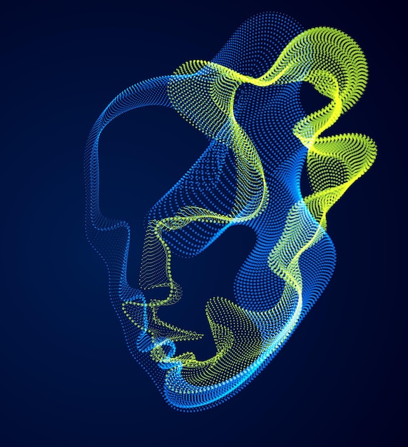 Vettore ritratto umano di particelle tratteggiate, array di forme d'onda vettoriali astratte della testa umana, intelligenza artificiale, interfaccia software di programmazione per pc, anima digitale.