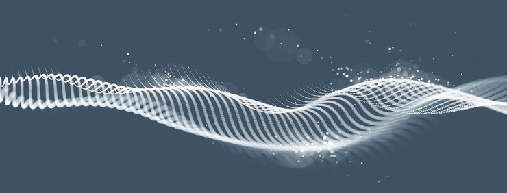 Vector 점선 입자 파동 벡터 추상 기술 및 과학 배경, 빅 데이터 흐름, 나노기술 테마, 아름다운 추상화 디자인 점 배열 클러스터가 물결 모양으로 움직입니다.