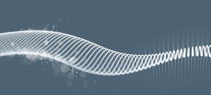 Vector 점선 입자 파동 벡터 추상 기술 및 과학 배경, 빅 데이터 흐름, 나노기술 테마, 아름다운 추상화 디자인 점 배열 클러스터가 물결 모양으로 움직입니다.