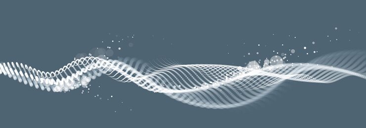 Vector 점선 입자 파동 벡터 추상 기술 및 과학 배경, 빅 데이터 흐름, 나노기술 테마, 아름다운 추상화 디자인 점 배열 클러스터가 물결 모양으로 움직입니다.