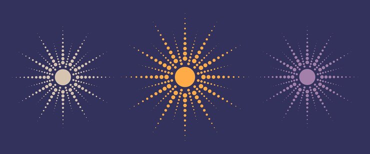 Vector dotted sun rays, set collection. vintage sunburst background, logo design, halftone effect