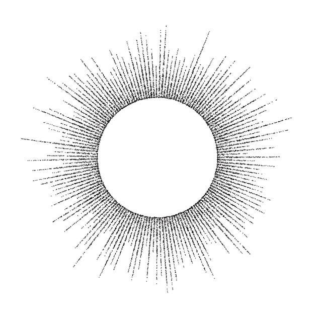ベクトル 点線のサンビーム ラウンド フレーム。黒の粒子の粗いサンバースト テキスト テンプレート。テクスチャ スティプル レイ セパレーター
