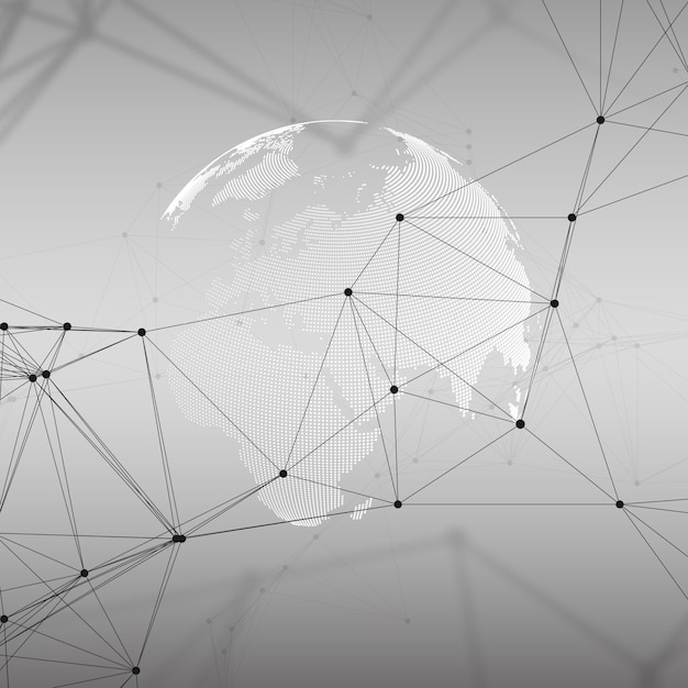 Globo del mondo punteggiato con pattern di chimica, linee e punti di collegamento. struttura della molecola su grigio. ricerca sul dna medico scientifico. concetto di scienza o tecnologia. priorità bassa astratta di disegno geometrico
