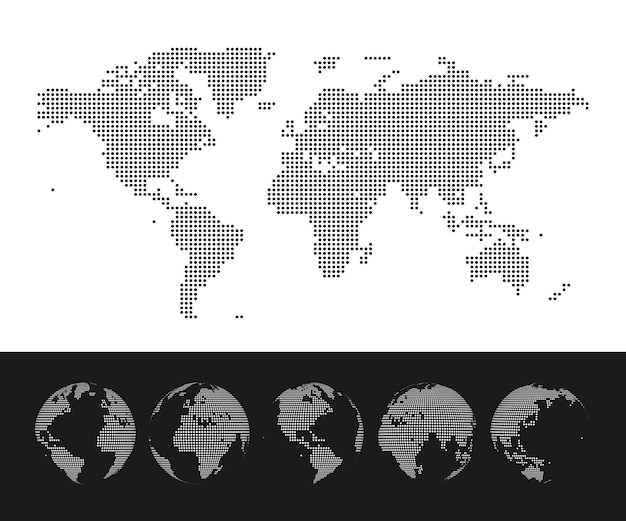 Set di mappamondo punteggiato e globo. illustrazione