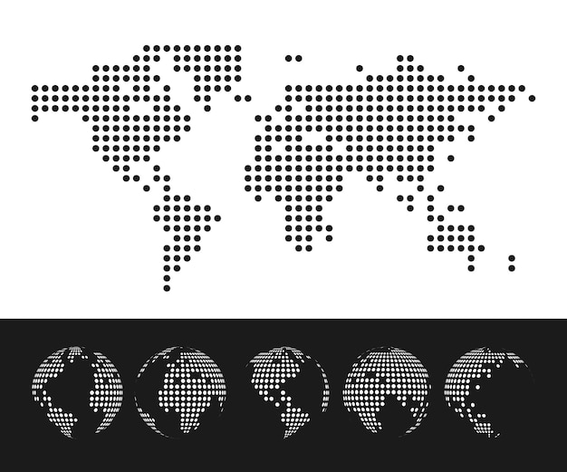 Vector dotted world map and globe set.  illustration