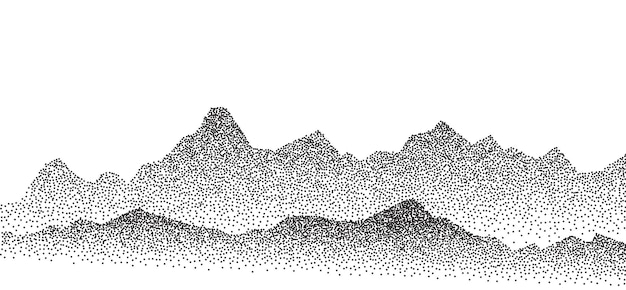 Vector dotwork bergketen graan patroon dotted noise grunge textuur landschap en terrein stippled gradiënt bergen grainy heuvel in dotwork stijl noisy stochastische achtergrond pointillisme textuur