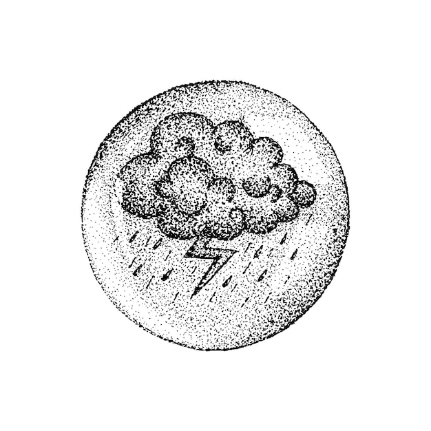 Dotwork cloud thunder lightning. vectorillustratie van t-shirt design. tattoo hand getekende schets.