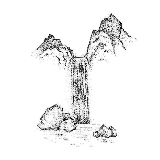 Dotwork Landscape Waterfall. Vector Illustration of T-shirt Design. Tattoo Hand Drawn Sketch.