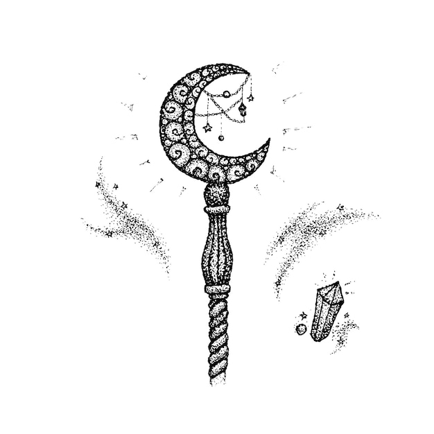 Dotwork Magic Stick. Векторная иллюстрация дизайна футболки. Татуировка рисованной эскиз.