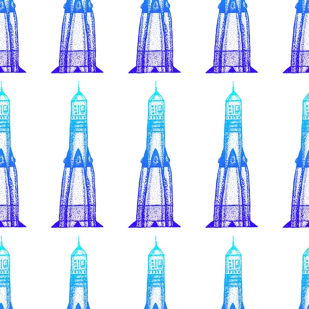 ドットワークスペースロケットシームレスパターン。手描きデザインのベクトルイラスト。