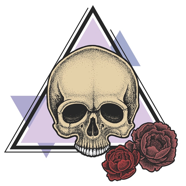 Vector dotwork styled skull with geometric elements and peonies