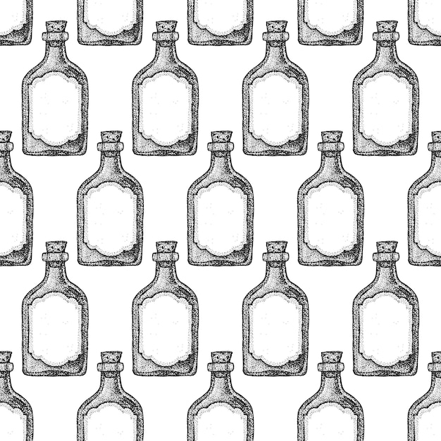 Vector dotwork vintage bottle seamless pattern. vector illustration of tattoo hand drawn sketch.