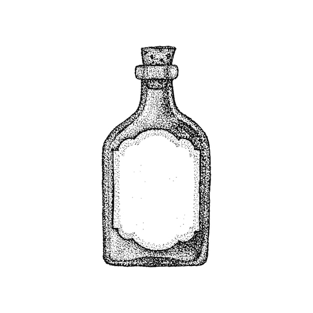 Dotwork Vintage Glass Bottle. Vector Illustration of T-shirt Design. Tattoo Hand Drawn Sketch.