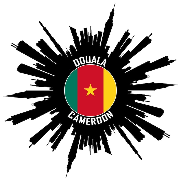 Illustrazione di vettore dell'autoadesivo del ricordo di viaggio della bandiera del camerun della siluetta dell'orizzonte di douala
