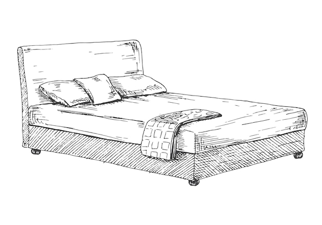 Double bed isolated on white background vector illustration in sketch style