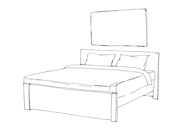 Double bed isolated on white background vector illustration in sketch style