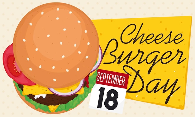 Vettore doppio calendario e segno dell'hamburger di formaggio per celebrare il giorno del cheeseburger