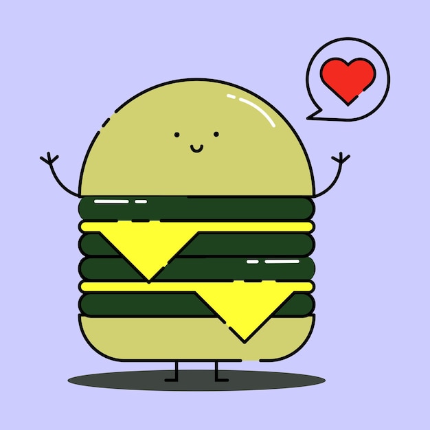 Vector double cheese burger love fast food cute kawaii mascot character cartoon illustration