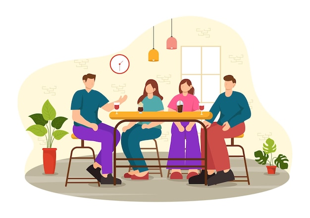 Vector double date illustration with two couples who were eating and drinking together in a restaurant