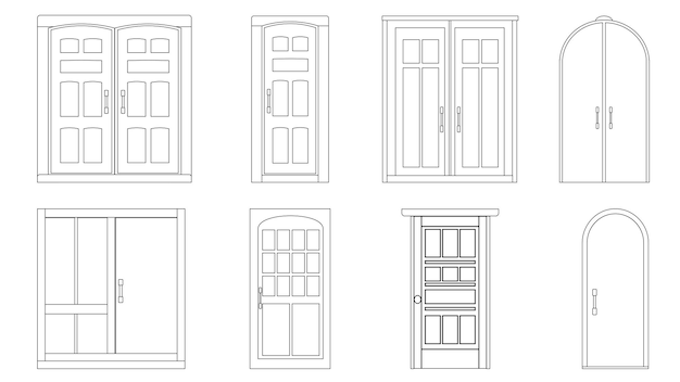 Double doors outline with glass windows isolated on white background Vector clipart