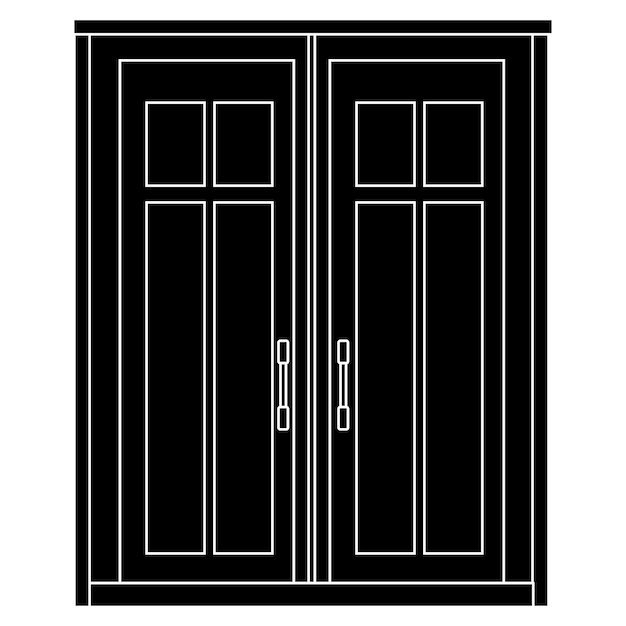 Vector double doors silhouette with glass windows isolated on white background vector clipart