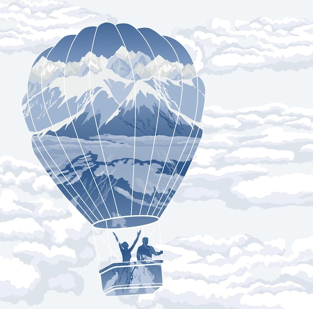 Вектор Двойной воздушный шар с путешественниками