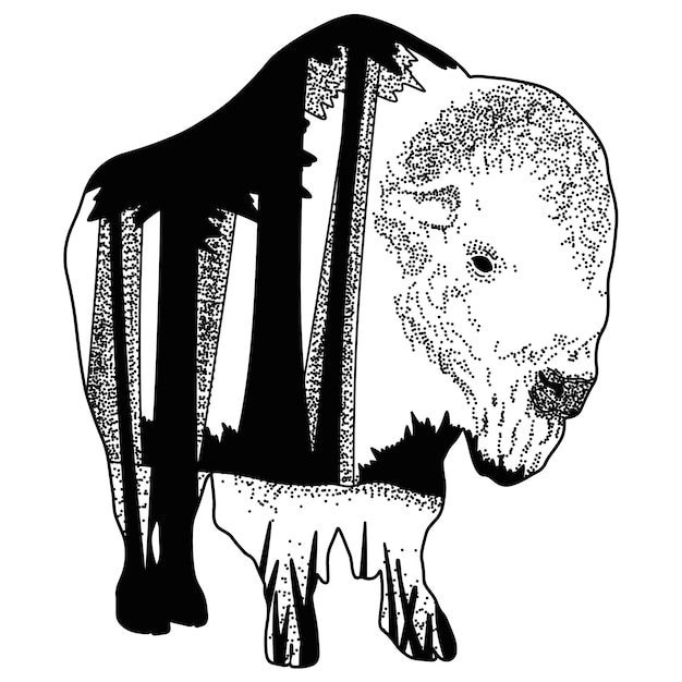 Vector double exposure effect hand-drawn bison illustration