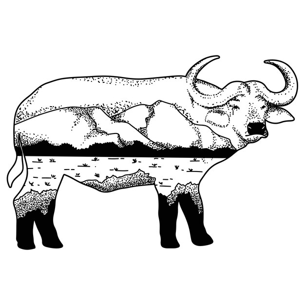 Double exposure effect hand-drawn buffallo llustration